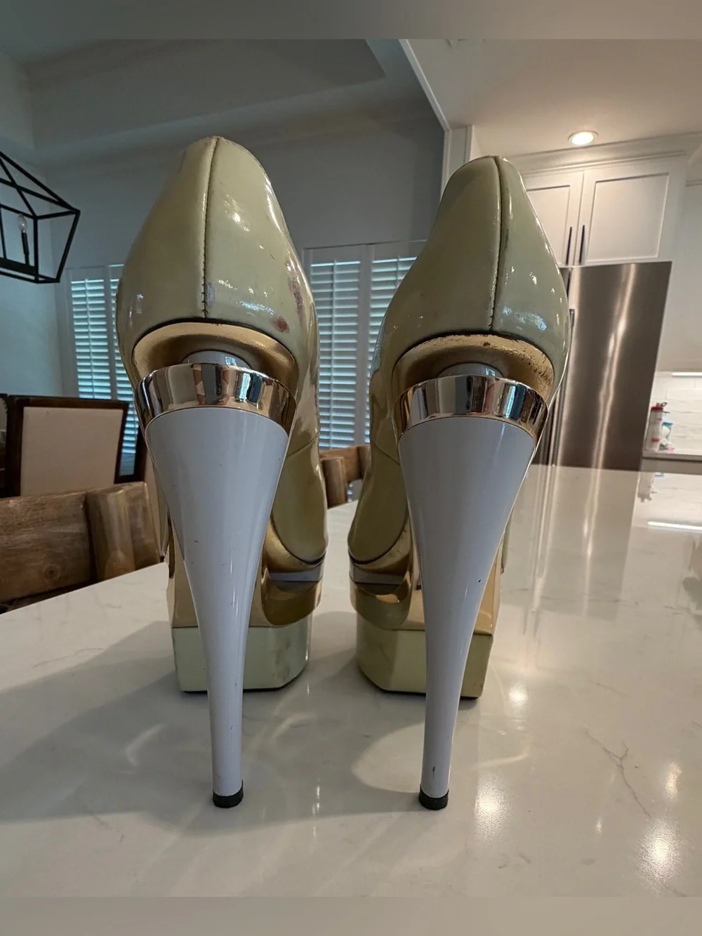 Versace Triple Platform Patent and Leather Pumps, pale green & gold